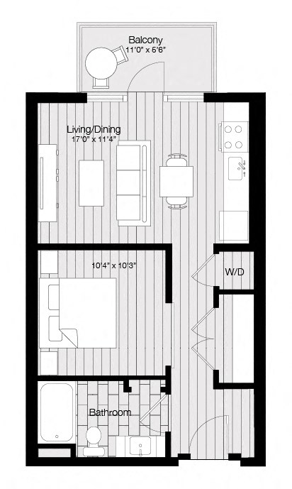 Floor plan for studio, 1 bath, 538 sqft